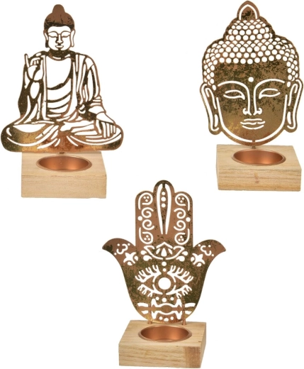 Buddha gyertyatartó fából és fémből, arany színben