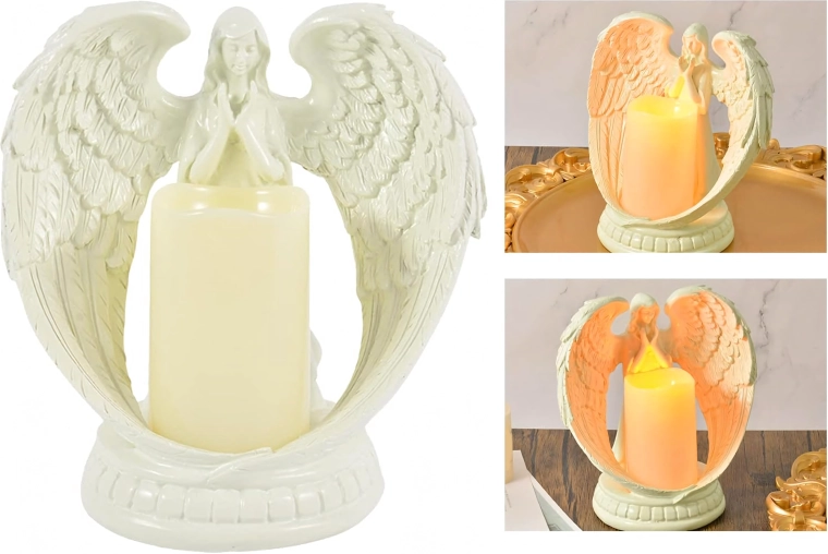 Dekoratív LED angyal gyertyával – figura és gyertyatartó, 21 cm