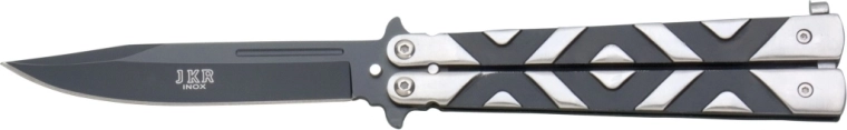 Zsebkés balisong (pillangó) 10,5 cm, fekete–ezüst, alumínium markolat