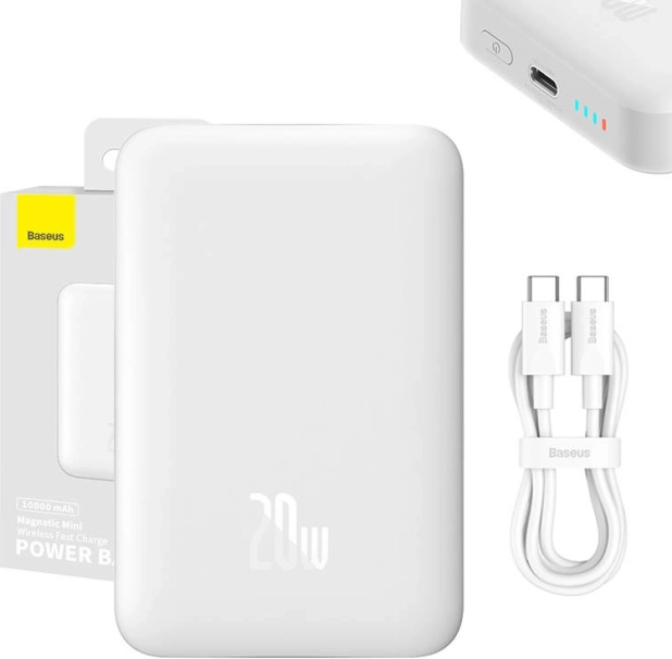 Baseus mágneses powerbank 10000 mAh vezeték nélküli töltéssel és USB‑C 20 W, fehér