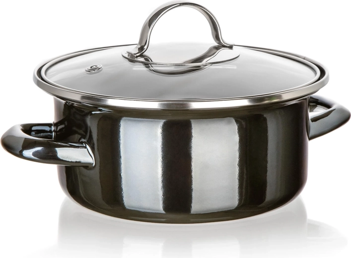 Zománcozott lábas üvegfedővel, 18 cm Metallic Black, 1,3 l