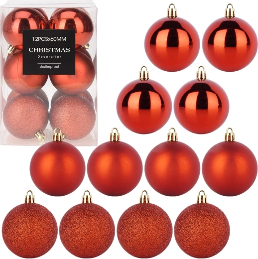 Törhetetlen piros karácsonyi díszek 6 cm – 12 darabos készlet