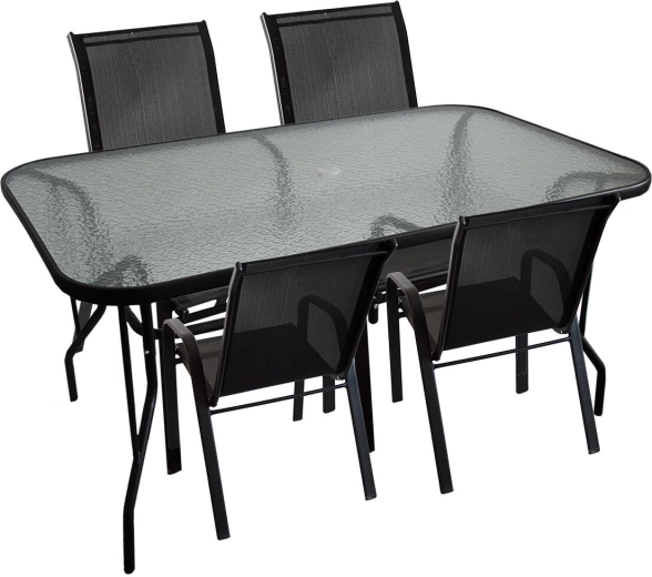 Kerti étkezőgarnitúra edzett üveg asztallappal és 4 székkel, acél és textilén, fekete