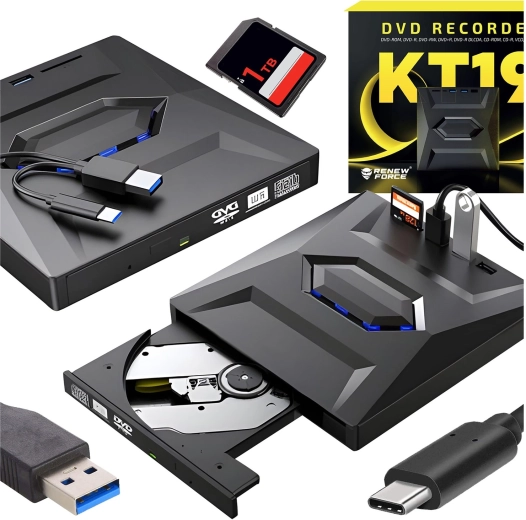RENEW FORCE külső CD/DVD-író 5 az 1-ben USB 3.0-val és kártyaolvasóval