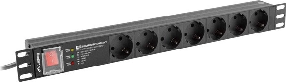 19" 1U, 16 A rackes PDU elosztó 7 SCHUKO aljzattal és túlfeszültség-védelemmel, 2 m, fekete
