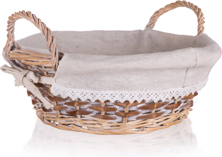 Fonott, kerek Duo kosár fülekkel, 30 × 11 cm, barna-fehér, csipkeszegéllyel