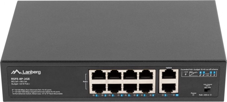 LANBERG 8 portos PoE+ switch 10/100 Mb/s, 2× gigabites uplinkkel, rackbe szerelhető