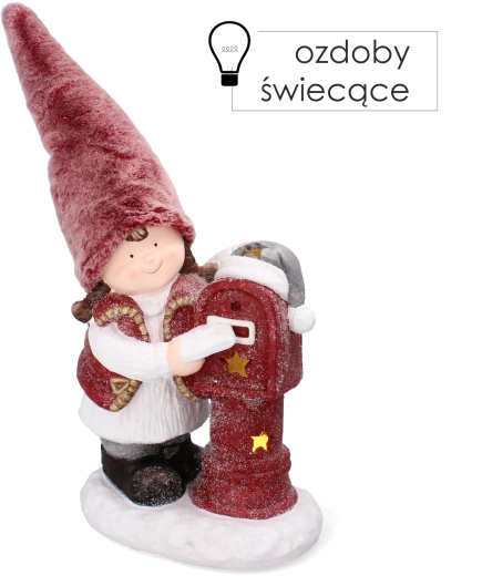 Karácsonyi kislányfigura rózsaszín sapkában, levélszekrénnyel és LED-világítással, 45,5 cm