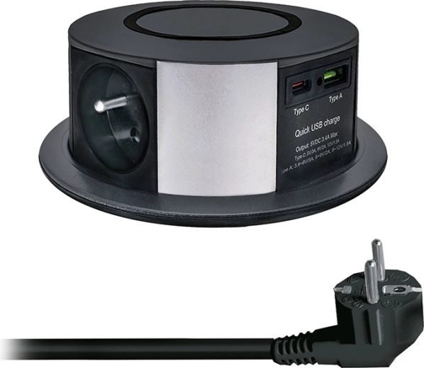 Solight kihúzható dugaljblokk 3 aljzattal, USB-A/USB-C PD 20 W-tal és Qi 10 W-os vezeték nélküli töltéssel, 2 m, fekete