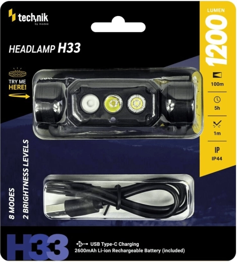 Technik H33 fejlámpa SST20 LED-del és USB‑C-vel (1200 lm)