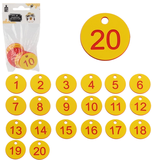 Kaptárszámozó készlet 1–20, műanyag zsetonok 3,5 cm lyukkal