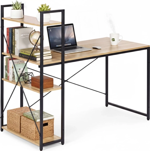 Íróasztal 120 × 60 cm polcos állvánnyal és 3 polccal, loft stílusú ModernHome