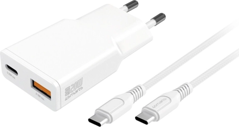 GaN 20 W hálózati töltő USB‑C és USB‑A porttal + 1,5 m USB‑C kábel, fehér