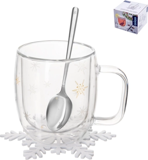 Duplafalú boroszilikát üveg termo bögre Double hópehely mintával 380 ml, kanállal és alátéttel