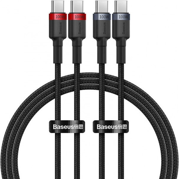 Baseus Cafule USB‑C – USB‑C kábel 100 W, 1 m, 2 db-os készlet (piros‑fekete és szürke‑fekete)