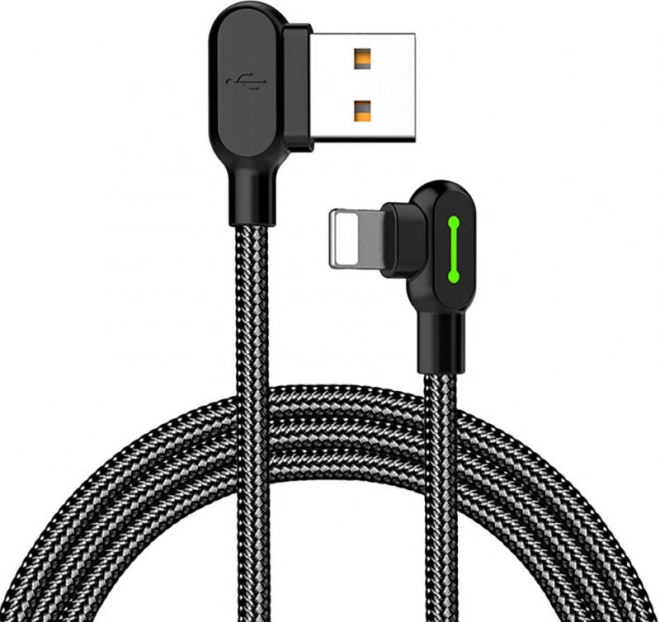 Szögletes fekete USB-Lightning kábel LED-del, 1,8 m