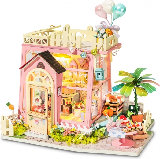 Miniatűr házikó ROBOTIME Holiday Party Time – DIY készlet LED-del