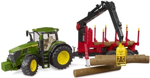 Bruder John Deere 7R 350 traktor erdészeti pótkocsival és 4 rönkkel