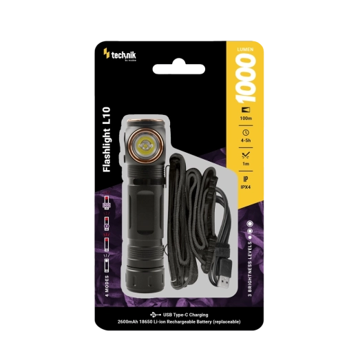 Technik L10 derékszögű lámpa USB‑C-vel, 1000 lm, mágneses, fejlámpa pánttal