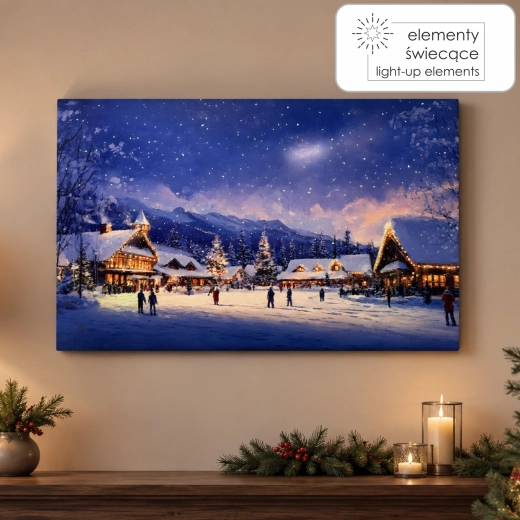 LED vászonkép téli kisváros 60 × 40 × 3,2 cm