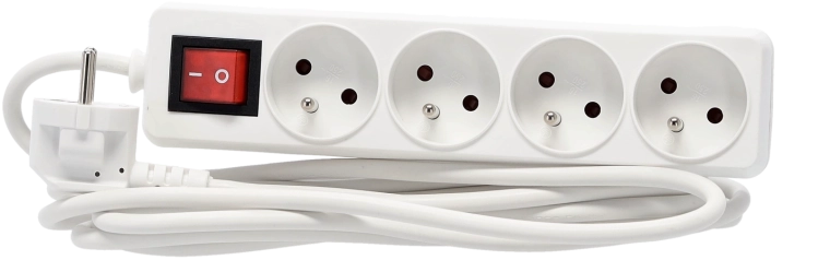Hosszabbító túlfeszültségvédett elosztó kapcsolóval, 4 aljzat, 3 m, fehér