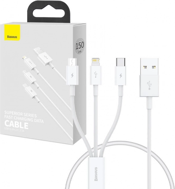Baseus Superior többportos töltő- és adatkábel USB–Lightning/USB‑C/Micro USB 0,5 m fehér