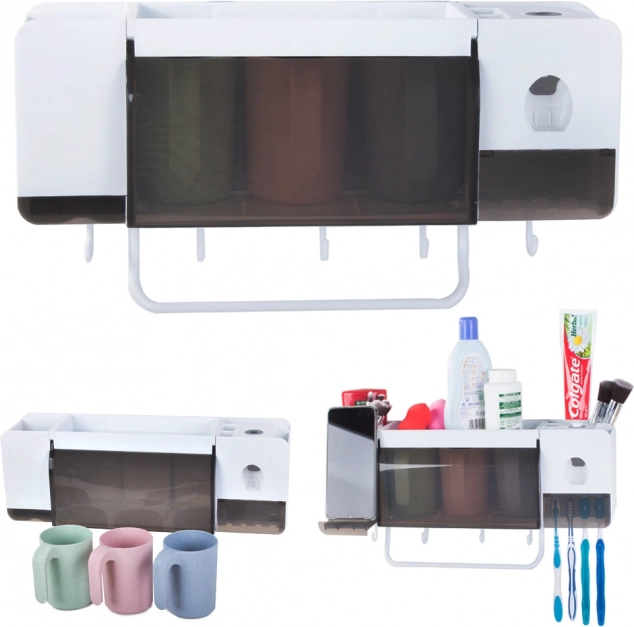 Fali fogkefe‑ és fogkrémtartó adagolóval, 3 pohárral, fehér