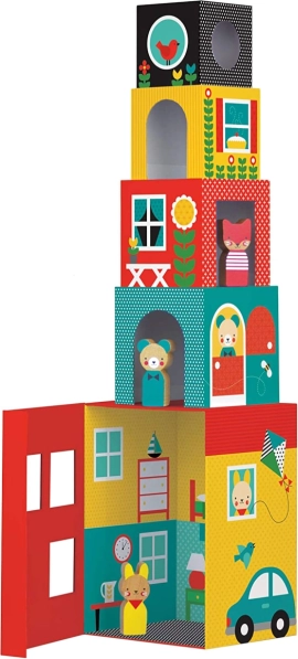 Petit Collage kockatorony házikókkal és figurákkal