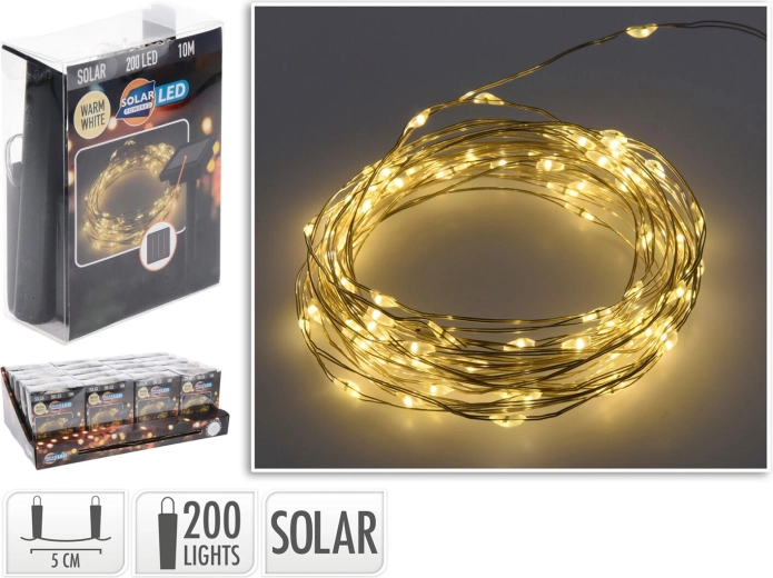 Napelemes karácsonyi LED fényfüzér 10 m, 200 LED, meleg fehér