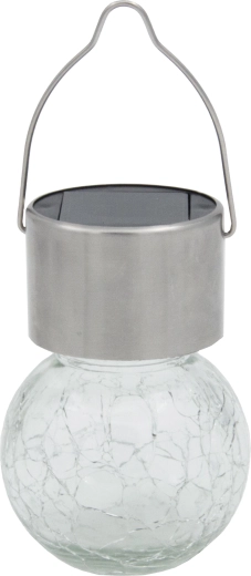 Függesztett szolárlámpa gömb, átlátszó, rozsdamentes acél és üveg, 1 LED