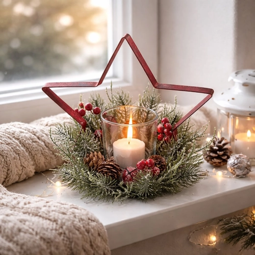 Gazdag díszítés bogyókkal és tobozokkal