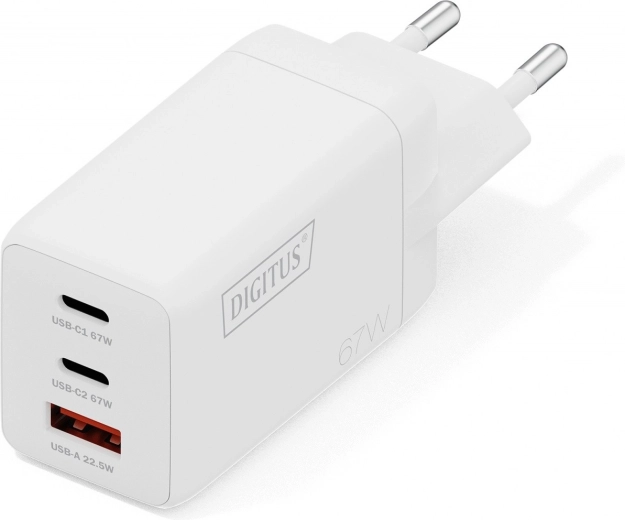 USB GaN hálózati töltő 67 W, 2× USB‑C és 1× USB‑A, fehér