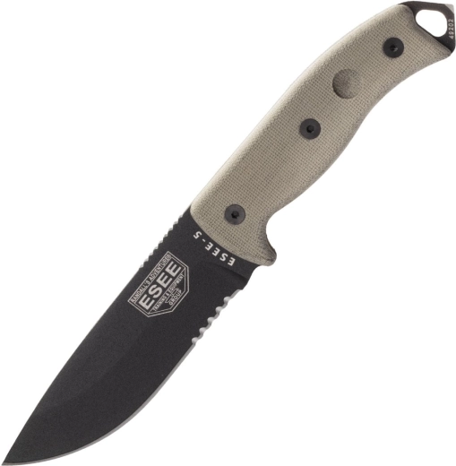 ESEE 5 fogazott él, fekete penge, micarta markolat, Kydex tok