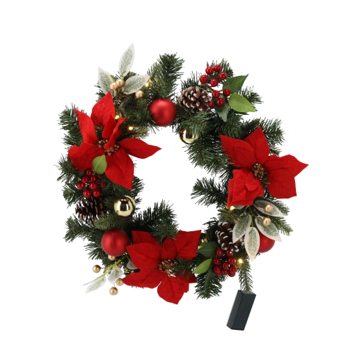 Karácsonyi koszorú 40 cm LED világítással, piros-arany dekorral - 1 db