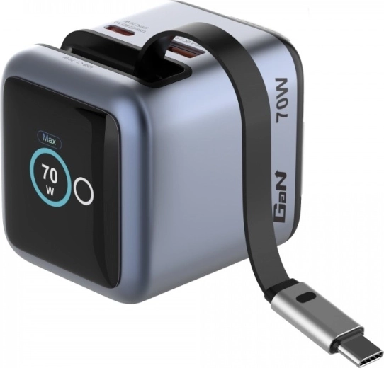 Verbatim mini GaN töltő 70 W kihúzható USB‑C kábellel és kijelzővel