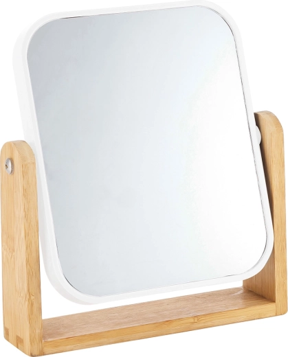Téglalap alakú asztali tükör bambusz talppal, fehér, 18 × 4,5 × 21 cm