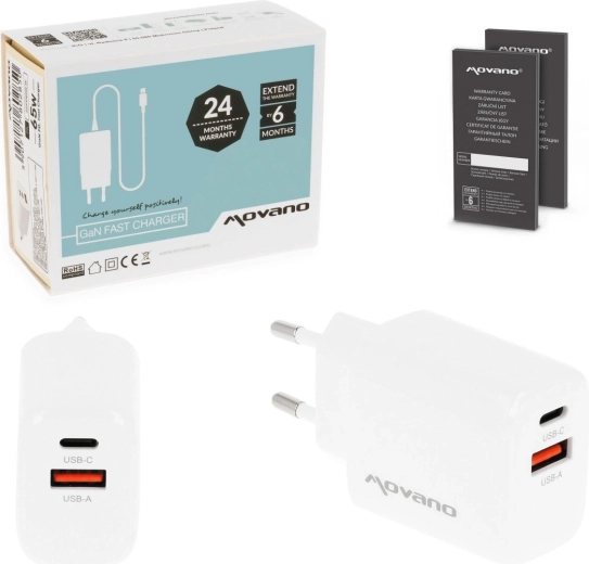 Movano GaN hálózati töltő 20 W USB-C PD + USB-A fehér