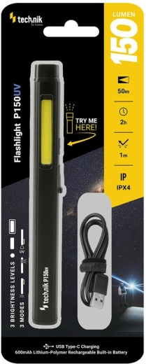 TECHNIK tölthető zseblámpa UV fénnyel 150 lm