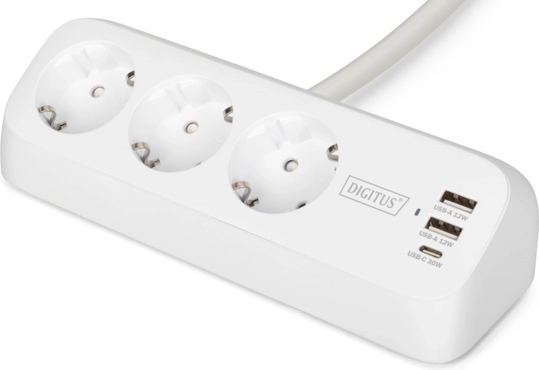 Asztali hosszabbító túlfeszültségvédős elosztó csipesszel, 3 schuko aljzat, 2× usb‑a 12 w, 1× usb‑c 30 w, 1,5 m kábel, fehér
