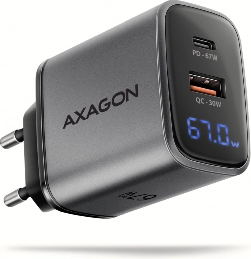 Hálózati töltő AXAGON GaN 67 W USB‑C PD és USB‑A QC, LED kijelzővel