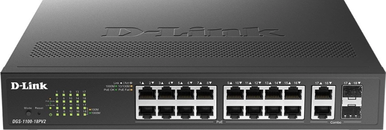 D-Link smart menedzselt gigabites PoE switch DGS-1100-18PV2 (16× 10/100/1000BASE-T)