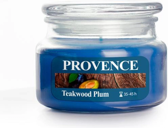 Illatgyertya üvegben Provence teakfa és szilva 45 ó