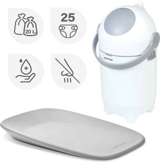 NATTOU pelenkatartó kosár Dropy és Softy White/Grey pelenkázó alátét 50 × 70 cm