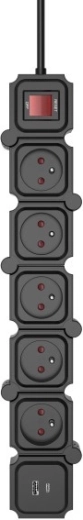 Moduláris túlfeszültségvédett hosszabbító 5× Schuko aljzattal és USB-A/USB-C porttal, 1,5 m