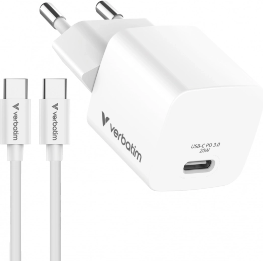 Verbatim mini GaN töltő 20 W, USB‑C kábellel 1 m