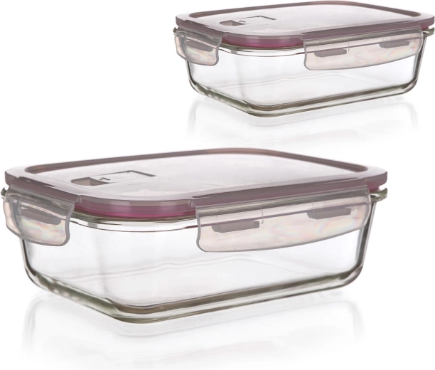 Lora üveg tárolódoboz készlet, téglalap alakú, 0,55 l és 0,95 l PP tetőkkel