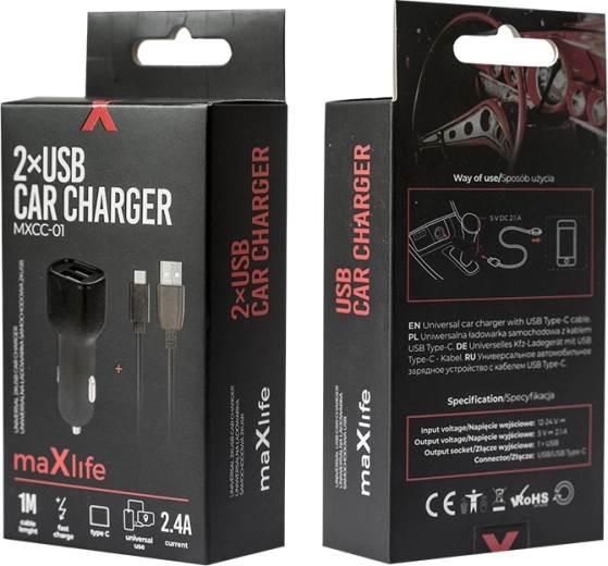 MAXLIFE autós töltő 2× USB + USB‑C 2,4 A, fekete