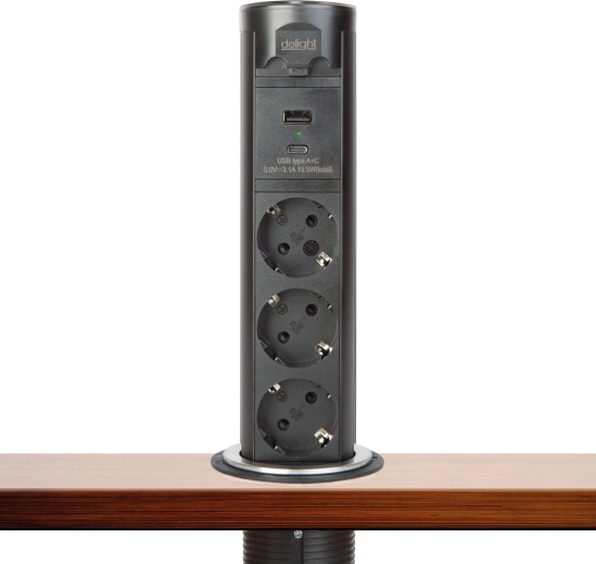 Motoros, felnyitható, beépített Touchcontrol aljzatsor, 3 aljzattal, USB-A és USB-C csatlakozóval, fekete