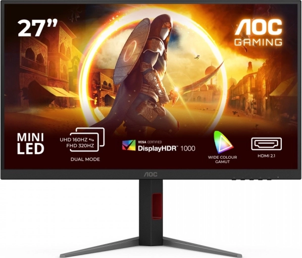 27"-es gamer monitor AOC U27G4XM, 4K, 160 Hz, Fast IPS, Mini LED, HDMI, DisplayPort, pivot