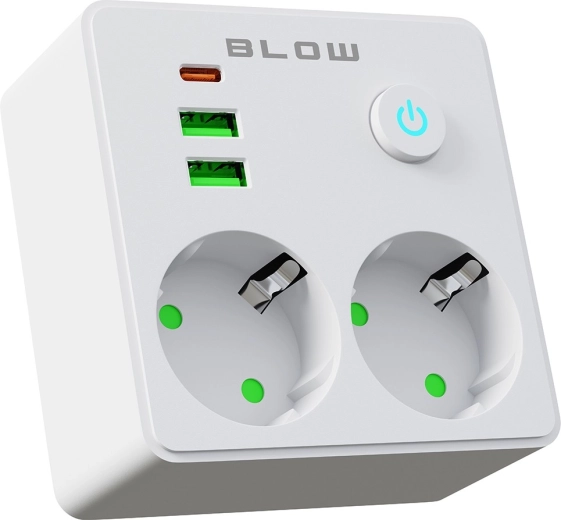 BLOW konnektorba dugható elosztó 2 aljzattal, 2× USB-vel és USB‑C-vel, fehér